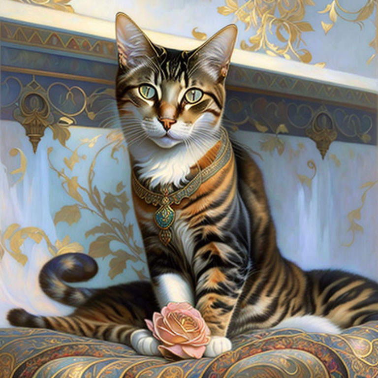 Tabby Cat with Jeweled Collar Sitting by Pink Rose on Luxurious Surface