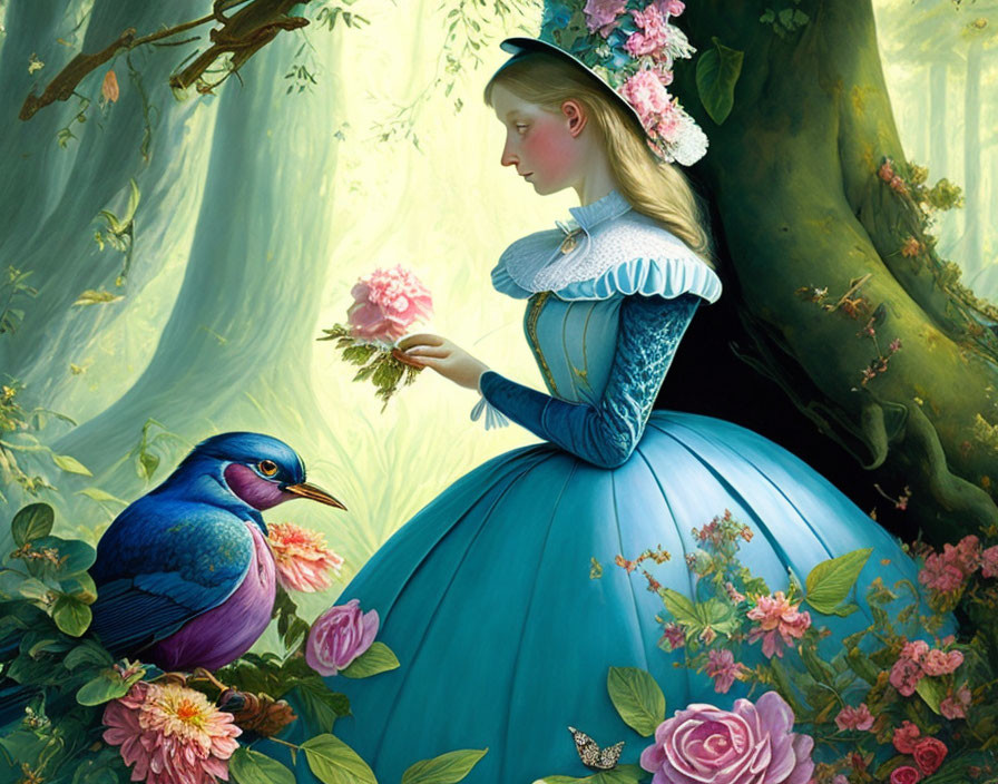 Woman in blue gown with floral crown admires rose in lush forest with blue bird