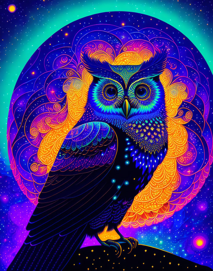 Colorful Psychedelic Owl Illustration with Starry Background