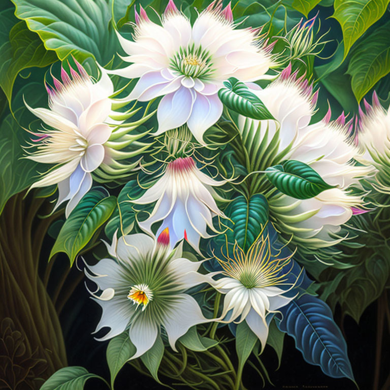 Colorful Tropical Flowers Painting with Lush Green Foliage