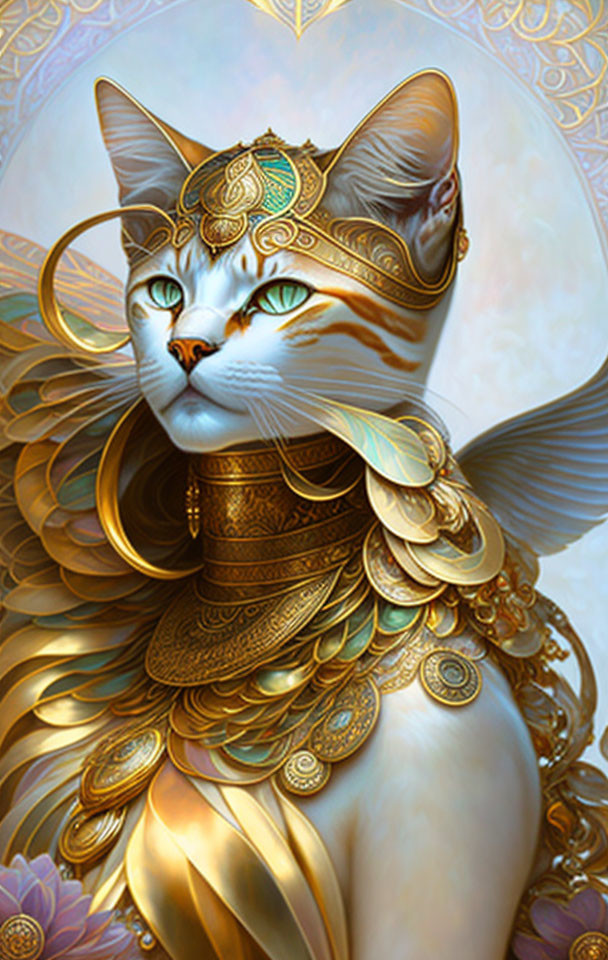 Regal cat in golden armor exudes majestic aura