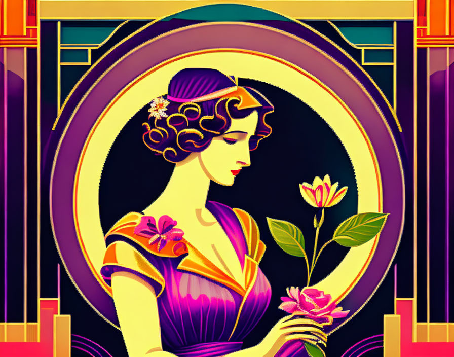 Colorful Art Deco Woman with Flower and Rose Illustration