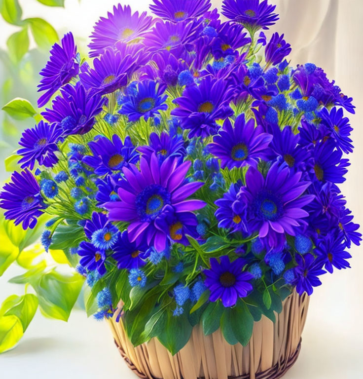 Blue and Purple Flower Bouquet in Wicker Basket on Light Background