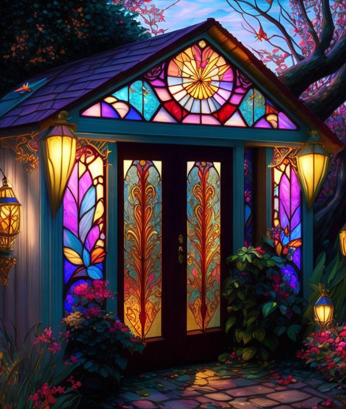 Colorful Stained Glass Cottage Surrounded by Lanterns and Foliage