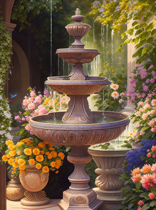 Multi-tiered fountain with cascading water, blooming flowers, and fluttering butterflies in serene garden