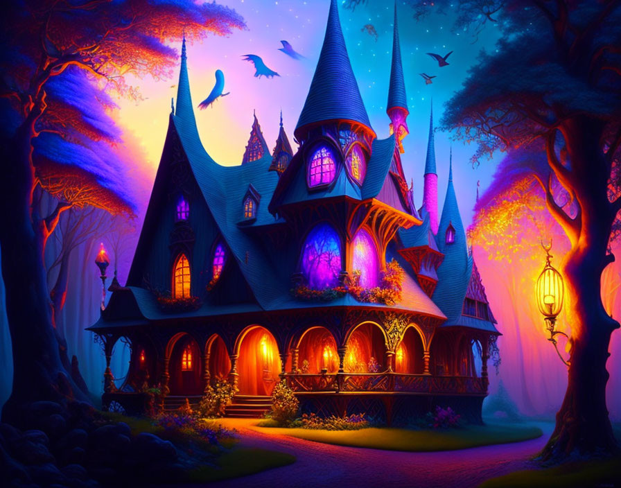 Vibrant Gothic-style house at twilight with whimsical trees