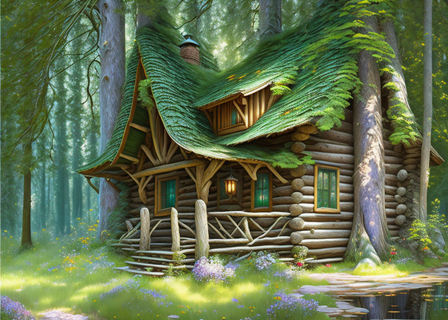 Rustic wooden cottage with moss-covered roof in forest clearing