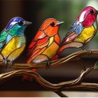 Vibrant Birds Perched on Branch with Leafy Background