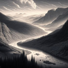 Monochromatic sci-fi landscape with mountains, river, futuristic buildings, and UFO