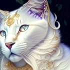 Majestic white cat with blue eyes in gold jewelry on floral night background