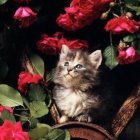 Curious Kitten Surrounded by Red Roses and Green Leaves