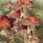 Illustration of Oversized Mushroom Homes in Enchanted Forest