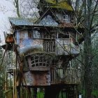 Ethereal forest treehouse with glowing windows & wooden staircases