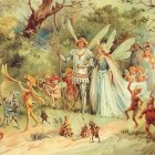 Enchanted forest scene with fairy king and queen in iridescent wings