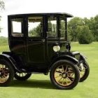 Vintage Black and Gold Carriage-Style Automobile Parked on Grass