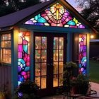 Colorful Stained Glass Cottage Surrounded by Lanterns and Foliage