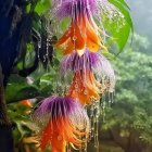 Colorful painting of pink and orange bell-shaped flowers with white blooms and lush green leaves.