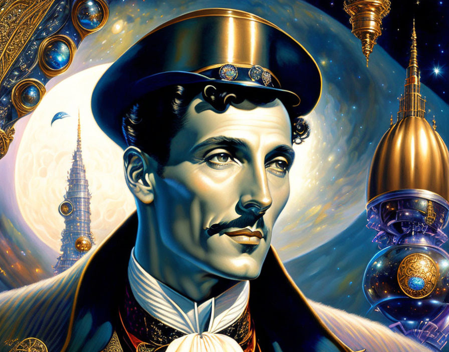 Steampunk-themed portrait of a gentleman with a mustache and top hat