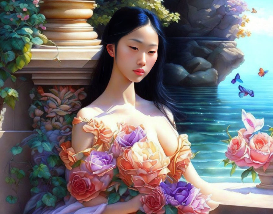 Woman with Long Black Hair by Calm Blue Water Body in Rose Dress