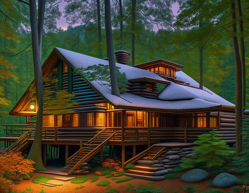 Cozy log cabin in snowy forest with soft lights