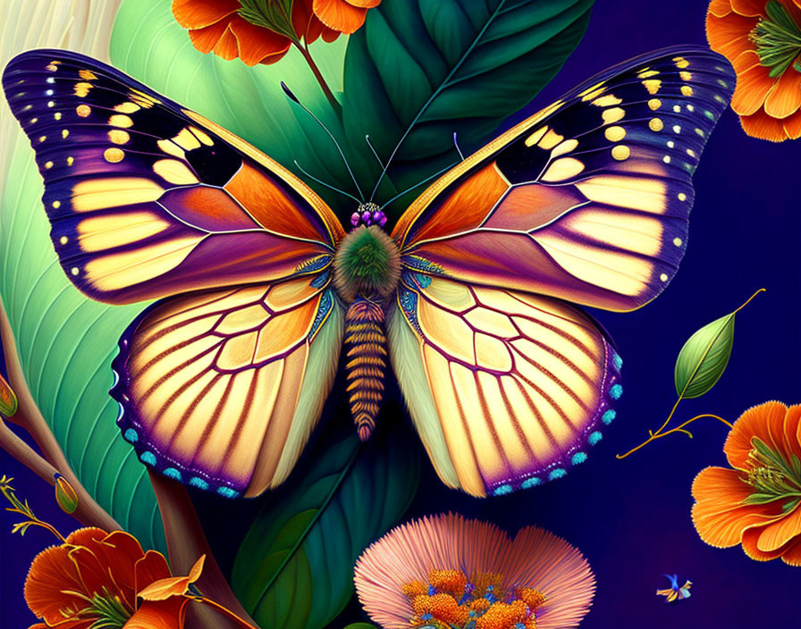 Colorful Butterfly Illustration with Orange and Yellow Wings on Green Foliage