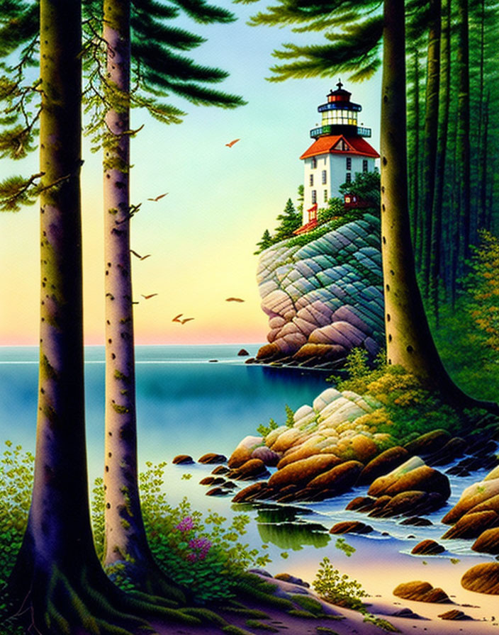 Tranquil sunset scene: lighthouse, pine trees, birds, and rocky shoreline