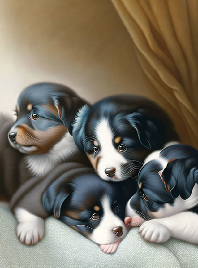 Four Cute Black, White, and Tan Fur Puppies Huddled Together