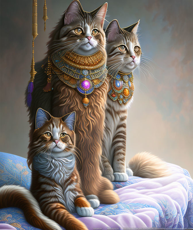 Regal cats with jeweled collars on luxurious cushioned surface