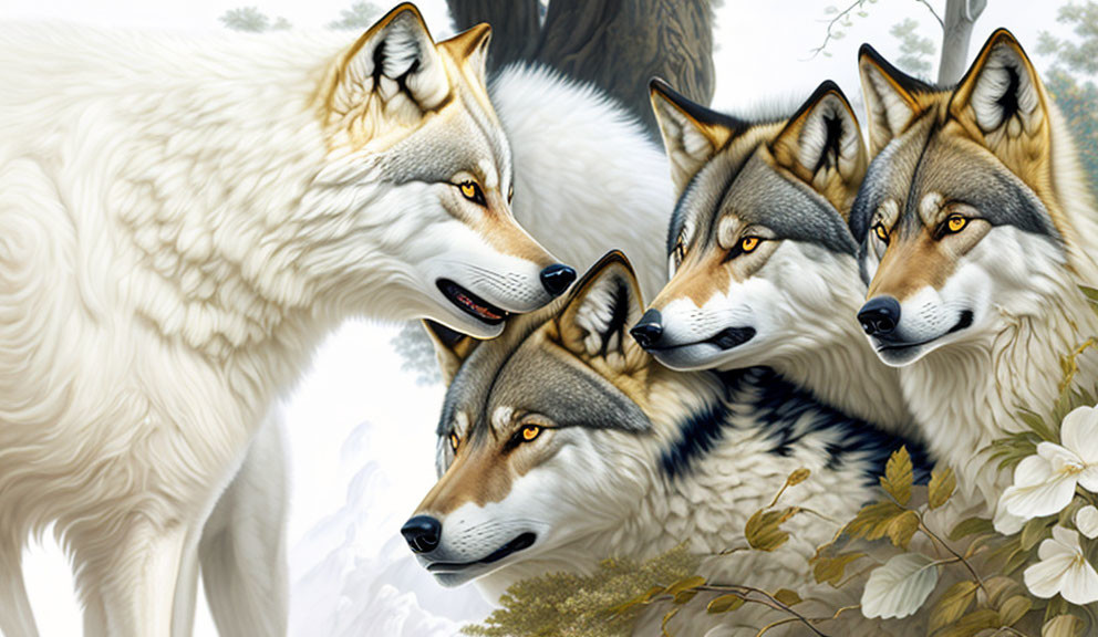 Realistic wolves in forest scene with white flowers.