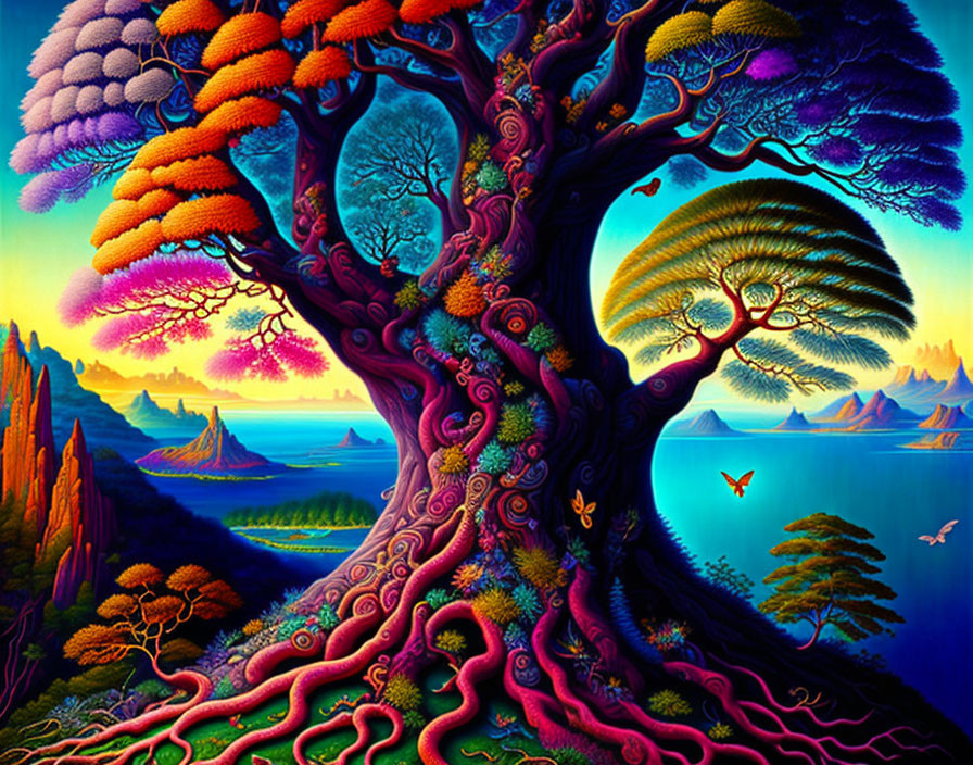 Colorful surreal landscape with intricate tree and serene ocean backdrop