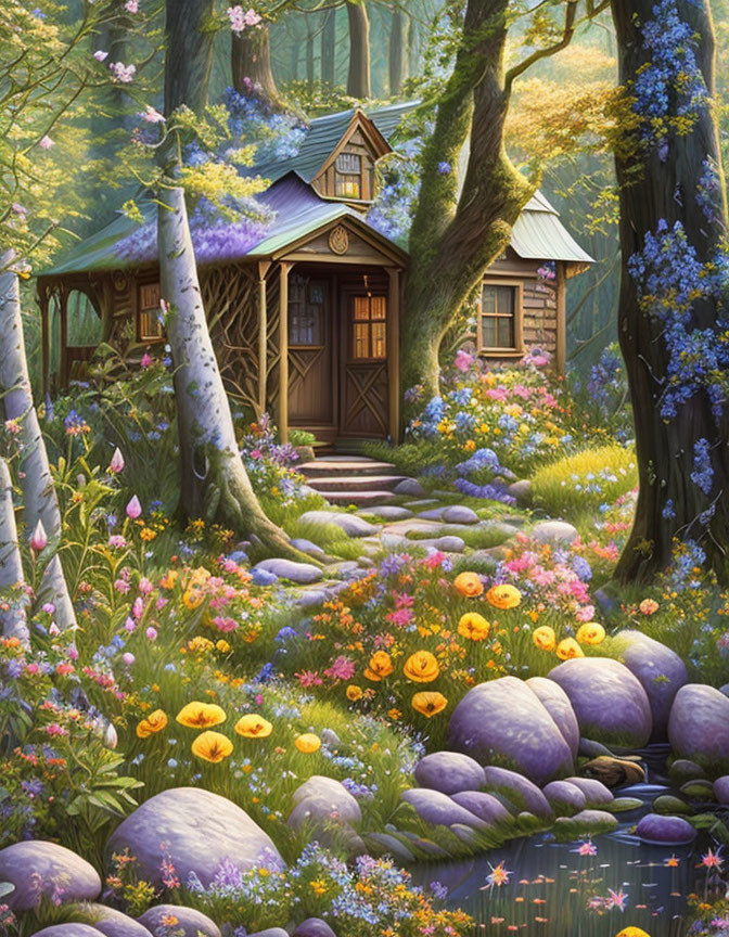 Enchanting forest cottage with colorful flowers and stone pathway