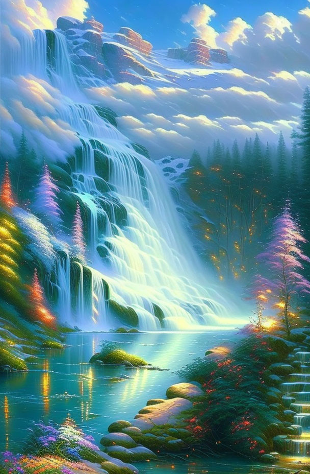 Digitally-rendered vibrant waterfall in mystical forest