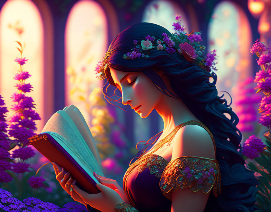 Woman with floral crown reading book in vibrant purple garden