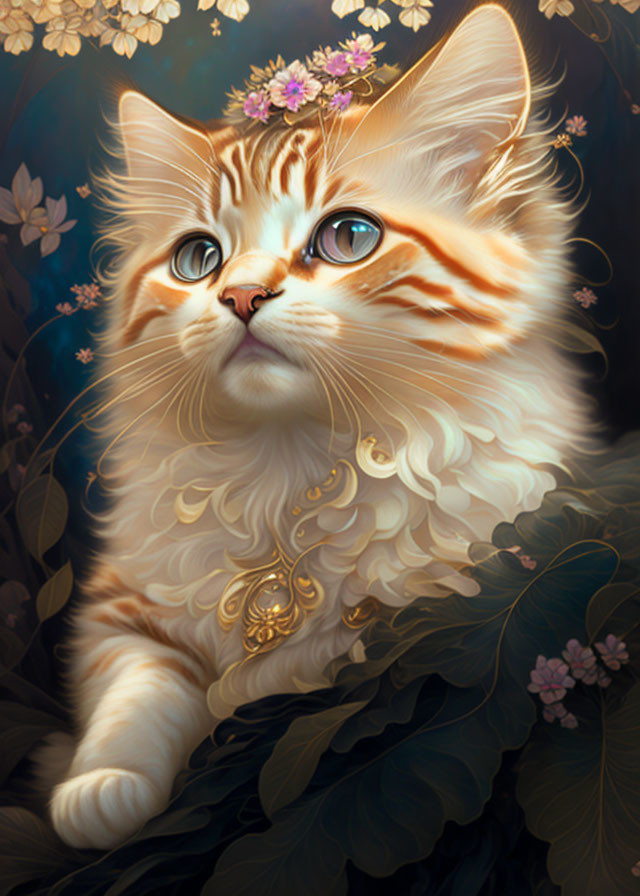 Majestic fluffy cat with striking eyes and flower crown in digital art