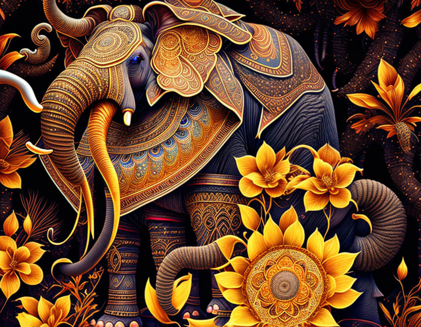 Ornate Elephant Illustration with Golden Floral Patterns