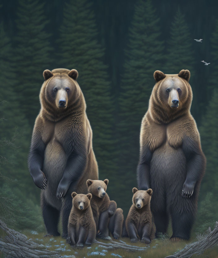 Adult bears and cubs in forest clearing with tall pine trees and birds.