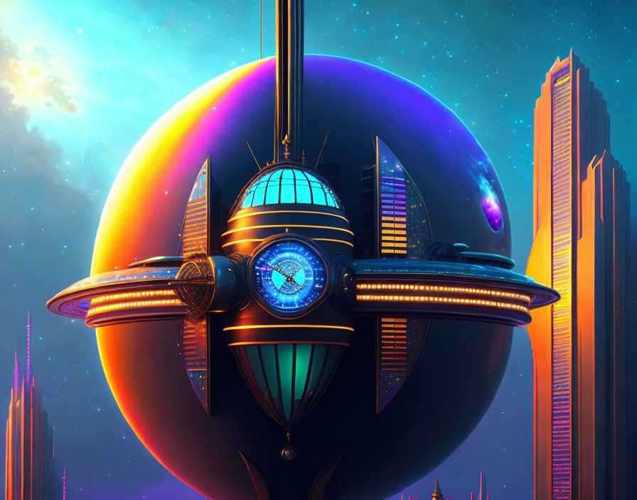 Futuristic cityscape with spherical central structure in space scene