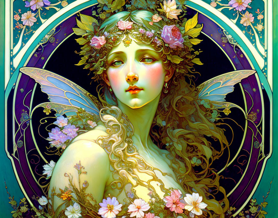 Art Nouveau Style Fairy Illustration with Floral Headpiece