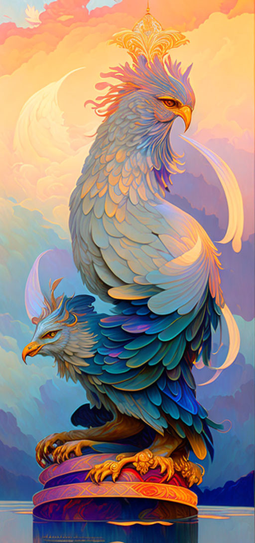 Illustration of majestic mythical birds on ornate stand in pastel backdrop