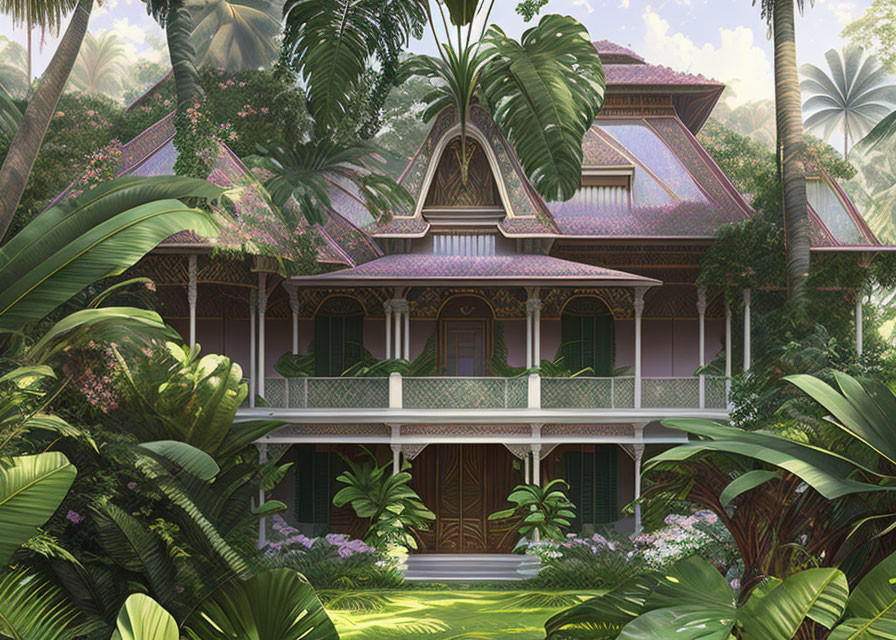 Traditional Two-Story House Surrounded by Tropical Foliage