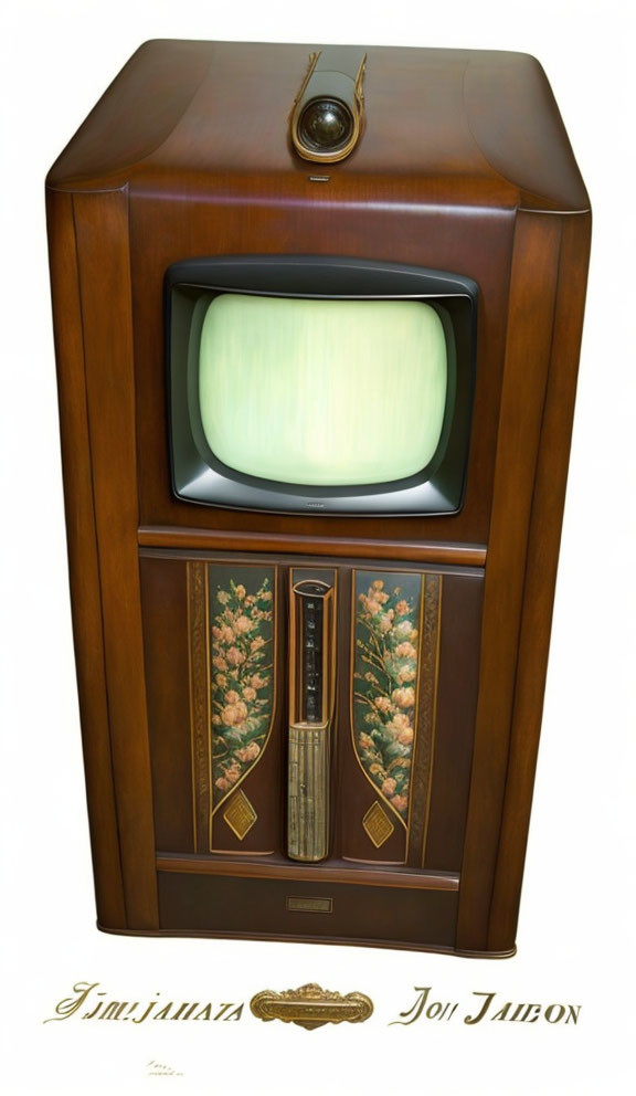 Vintage Wooden Television Set with Small Screen and Floral Design