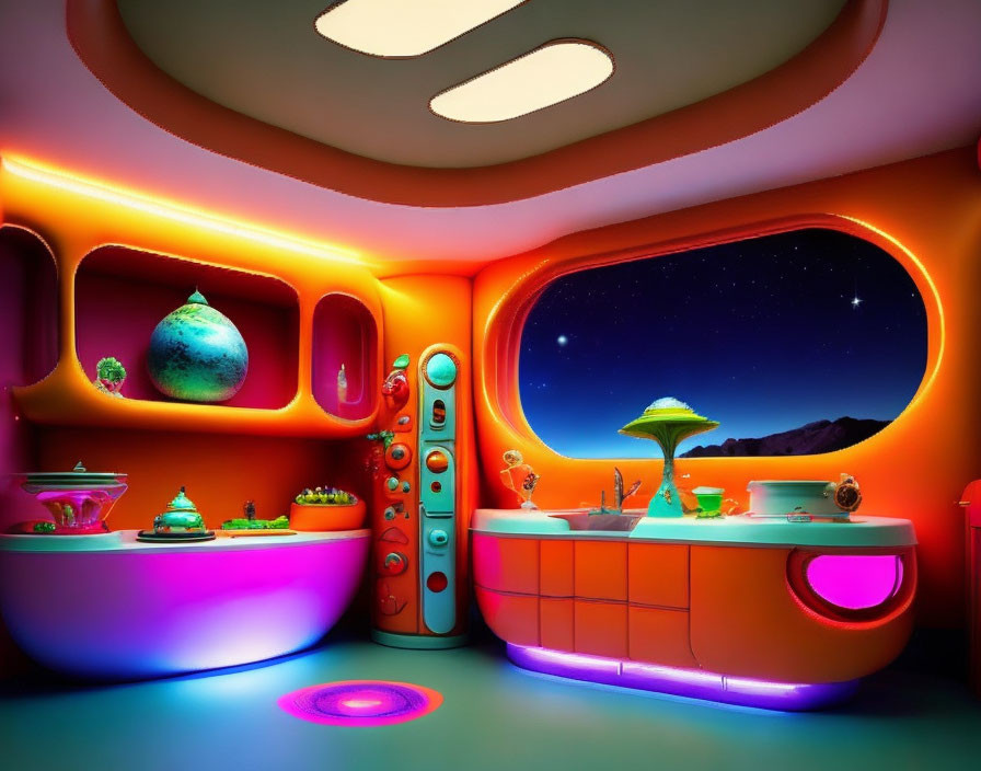 Futuristic interior with neon lights, space view, alien decor.