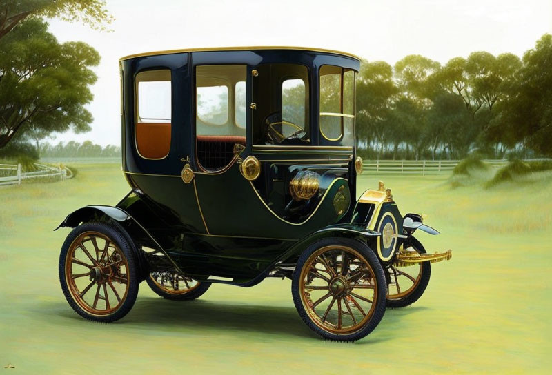 Vintage Black and Gold Carriage-Style Automobile Parked on Grass