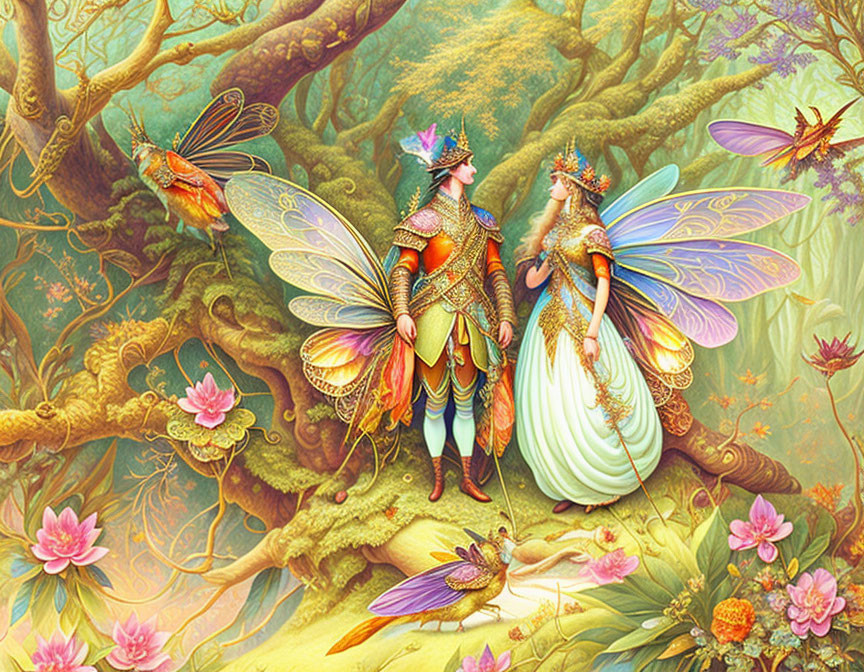 Enchanted forest scene with fairy king and queen in iridescent wings