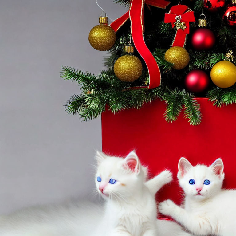 White kittens with blue eyes by Christmas tree with gold and red ornaments