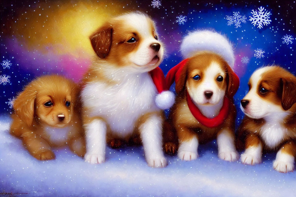 Four Cute Puppies in Santa Hat with Snowy Background