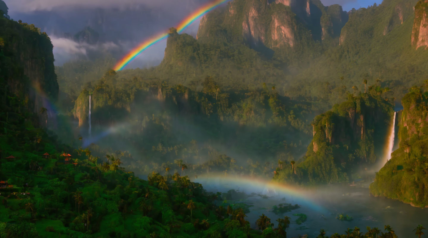 Vibrant rainbow over misty tropical forest and mountains