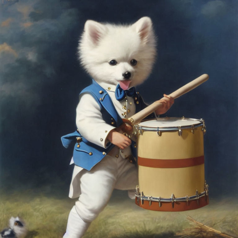 White Fluffy Dog in Blue Uniform Playing Drum in Oil Painting Style