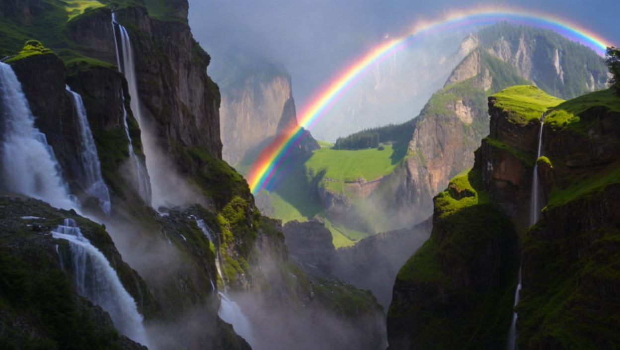 Scenic waterfall with lush greenery and rainbow