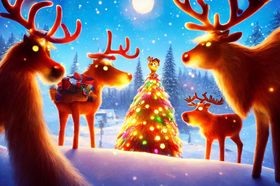 Animated reindeer around Christmas tree in snowfall night scene